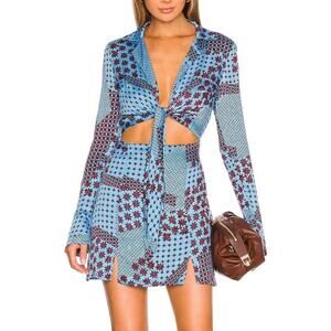 Free People x REVOLVE Women’s Miki Long Sleeve Blue Sea Combo Printed Mini Dress
